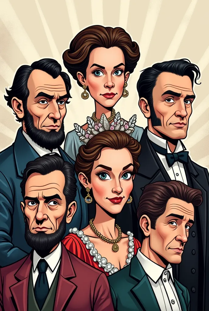 youtube channel profile picture. historic figures like lincoln, the queen, stalin, tesla, elvis etc in a comic drawing style. th...