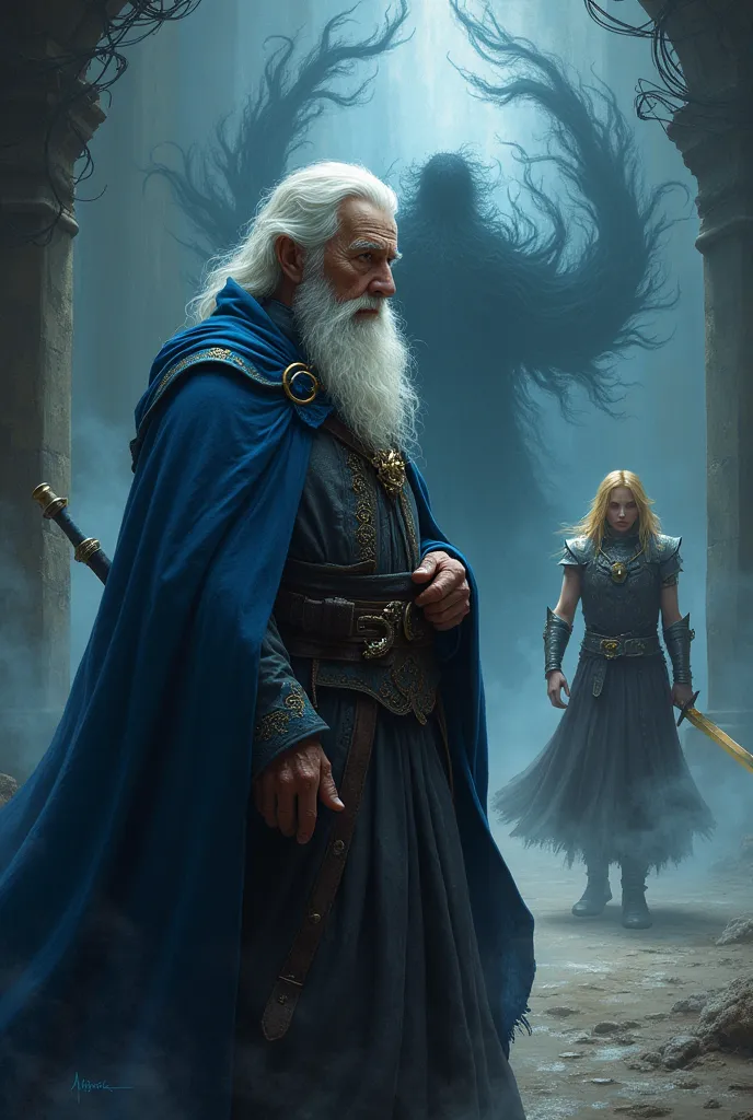 an old man in a long blue cape talking to a guy made of darkness and a blonde with long hair killing with a sword in the back of...