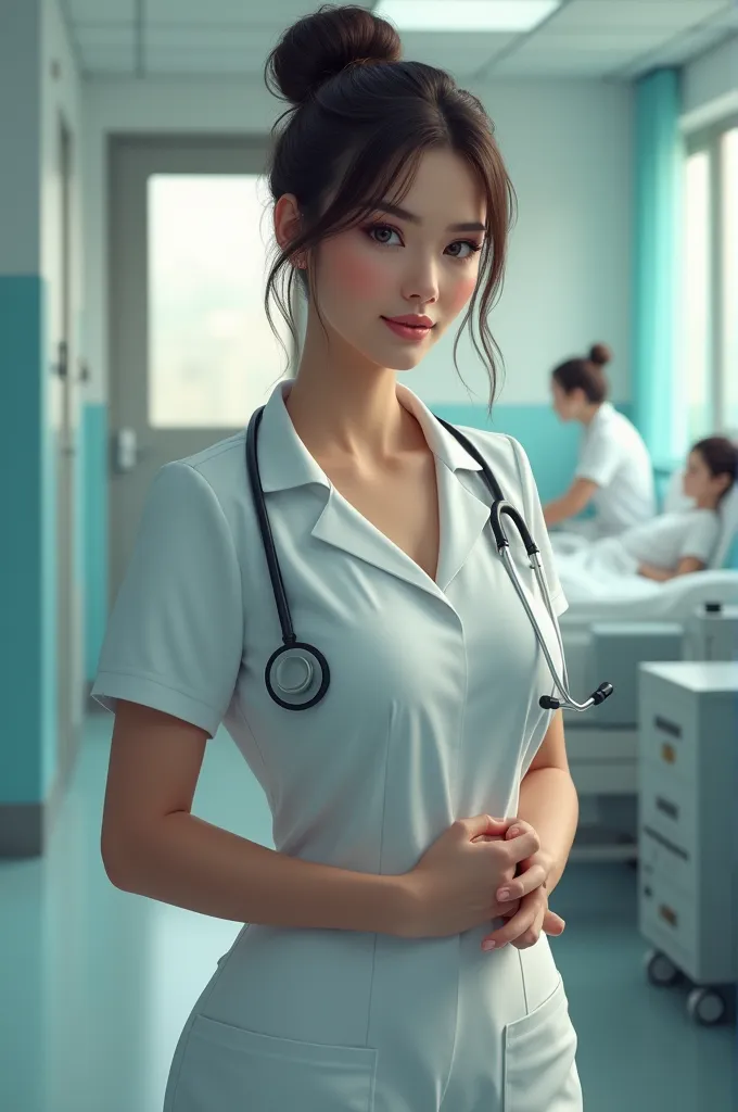 nurse with big breast and bun hairstyle