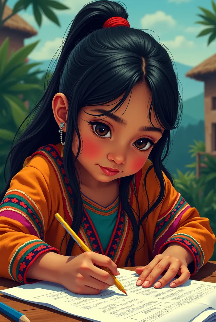 easy image, different and lively of an indigenous girl from ecuador who is clearly doing math