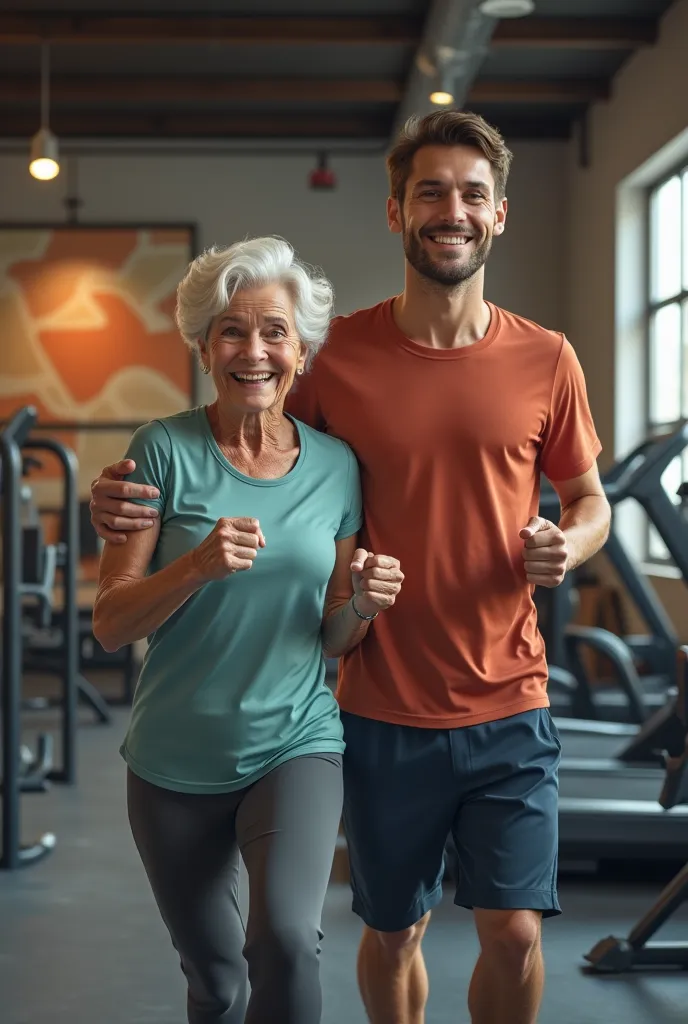 create the image of an elderly woman, happy training at the gym with his 20 year old son.