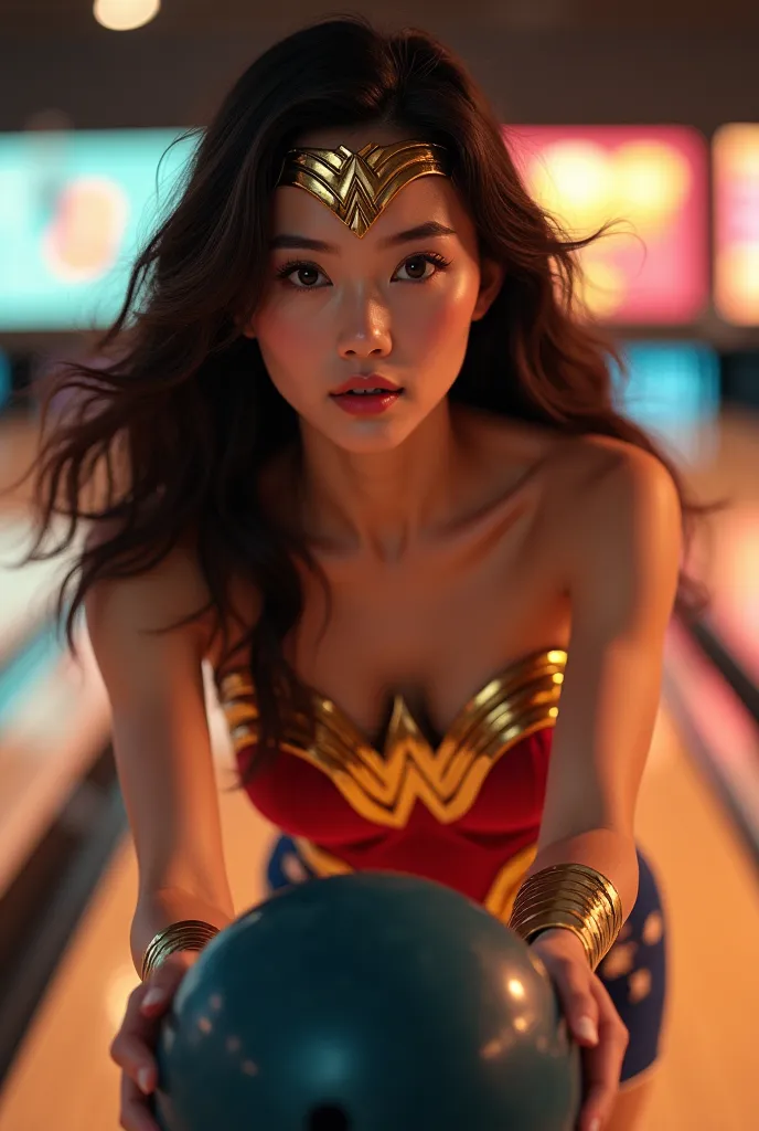 wonder woman bowling。brown hair,  masterpiece、beautiful girl、fine 目、puffy eyes、bright spot、best quality, 超high resolution, (real...