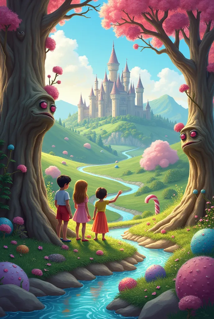 the magical world:create a scene of how many children in a magical world with talking trees, rivers of sweets, cotton candy moun...