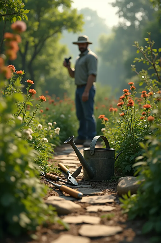 a man left behind gardening tools