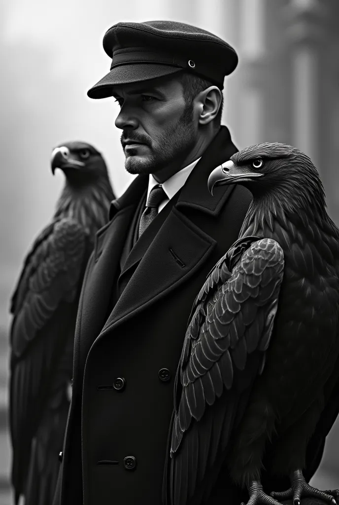 an image of tommy shelby with an eagle in black and white and write the phrase “some days i want love, every day i want money!!”