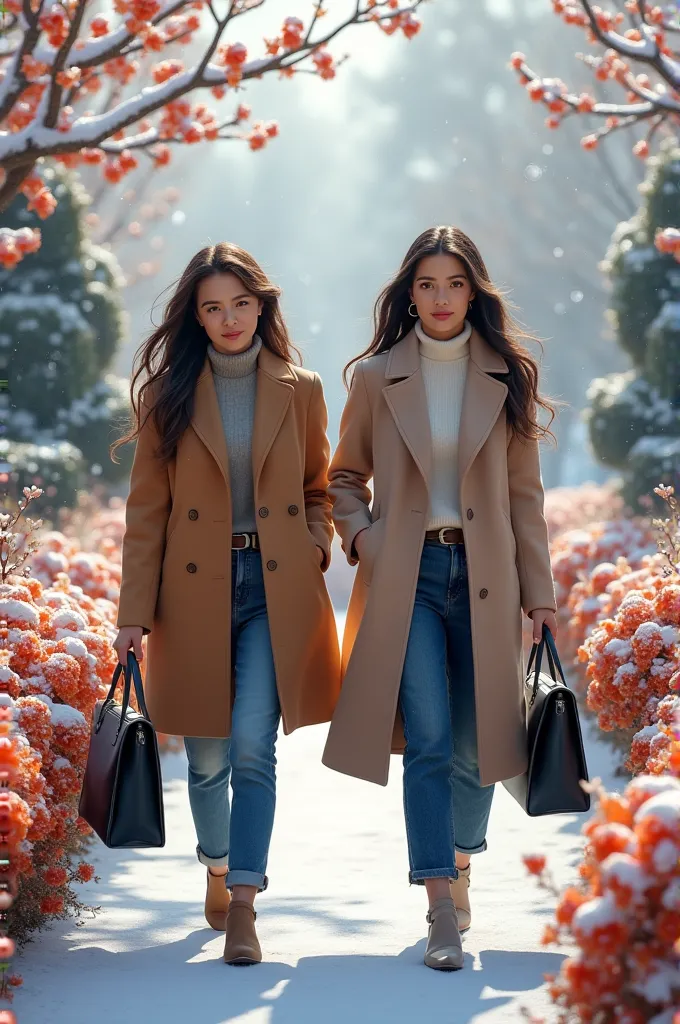 deux jeunes femmes belles et ambitieuses qui portent leur sac pour se rendre à l’école en traversant des jardins remplis de fleu...