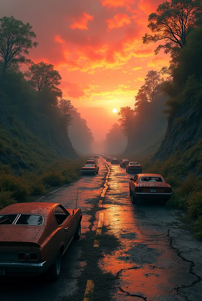 wide highway invaded by vegetation and cars, with red sunset in an apocalyptic scenario full of chaos and destruction