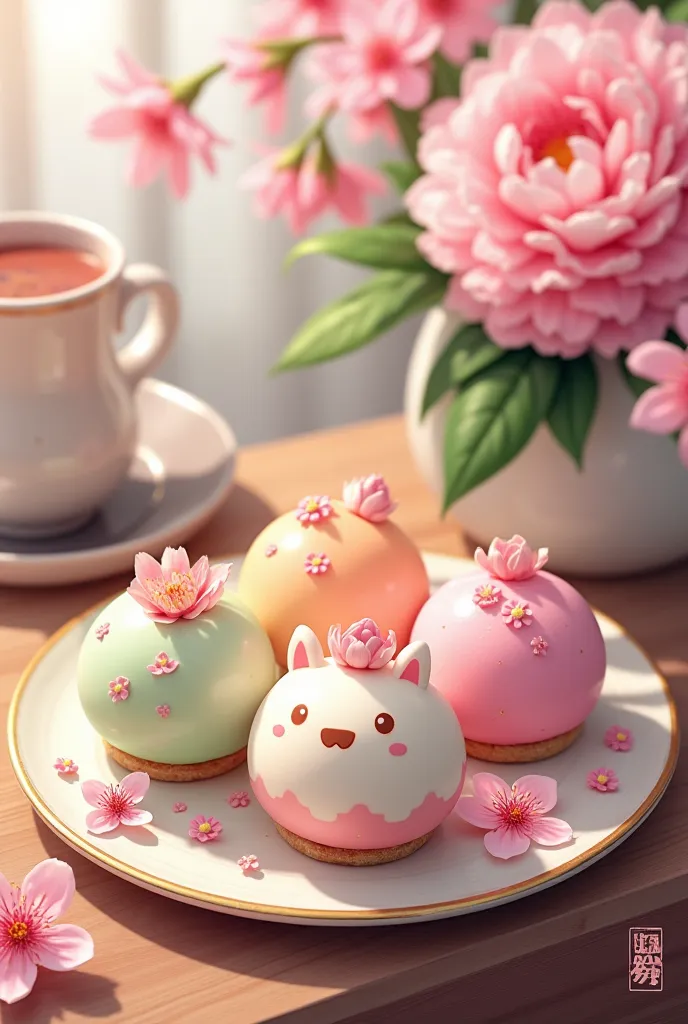 there are four small cakes on a plate with flowers on the table, yummy, sweets, japanese related with flowers, pastel colorful m...