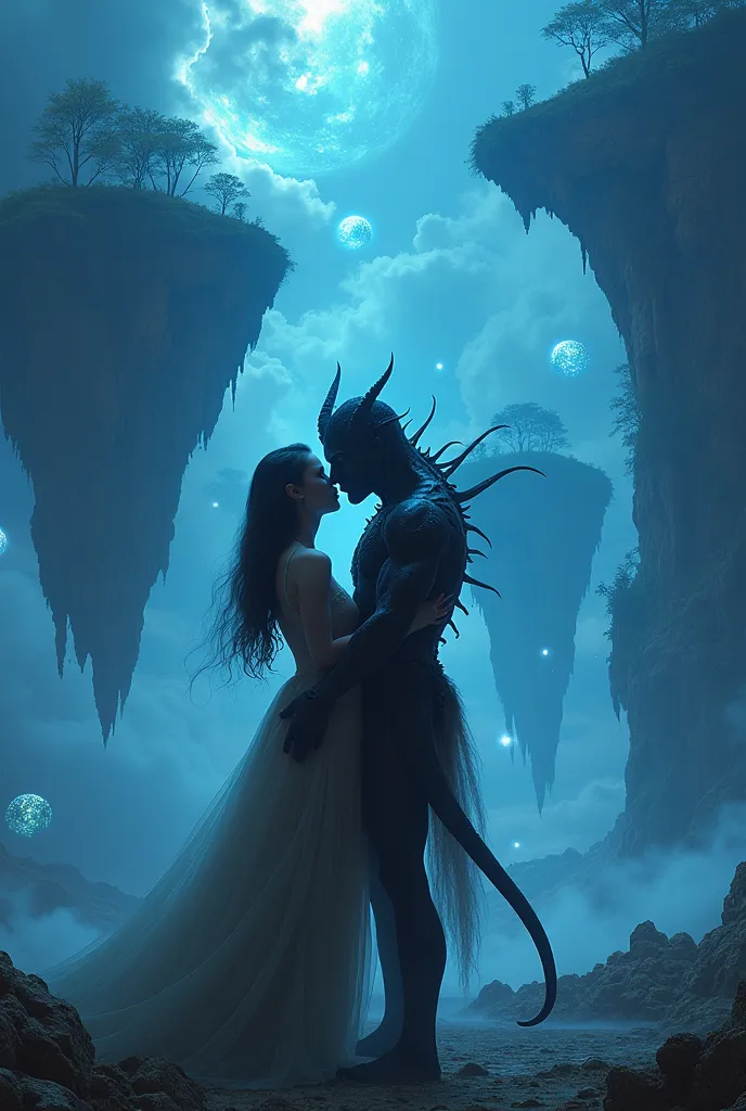 ((best quality)), ((masterpiece)), (detailed), a woman hugging a demon, lovers, night, con fondo un paisaje de floating islands ...