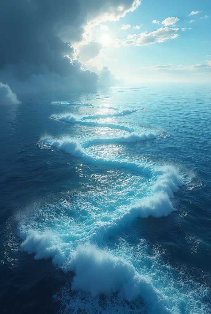 on the left side is stormy sea while on the right side it blends the stormy sea as calm sea, one sea