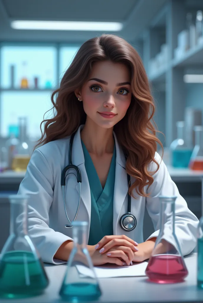 a brunette girl with curly hairs a female doctor sitting at a table in the lab