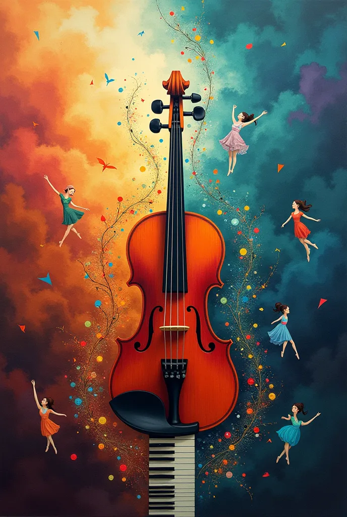 a painting that captures the essence of music. in the center of the screen, a violin and a piano are intertwined, as if they wer...