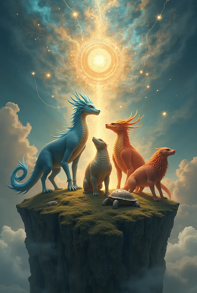 four holy beasts　real　fantasy　mysterious　the background is a cliff