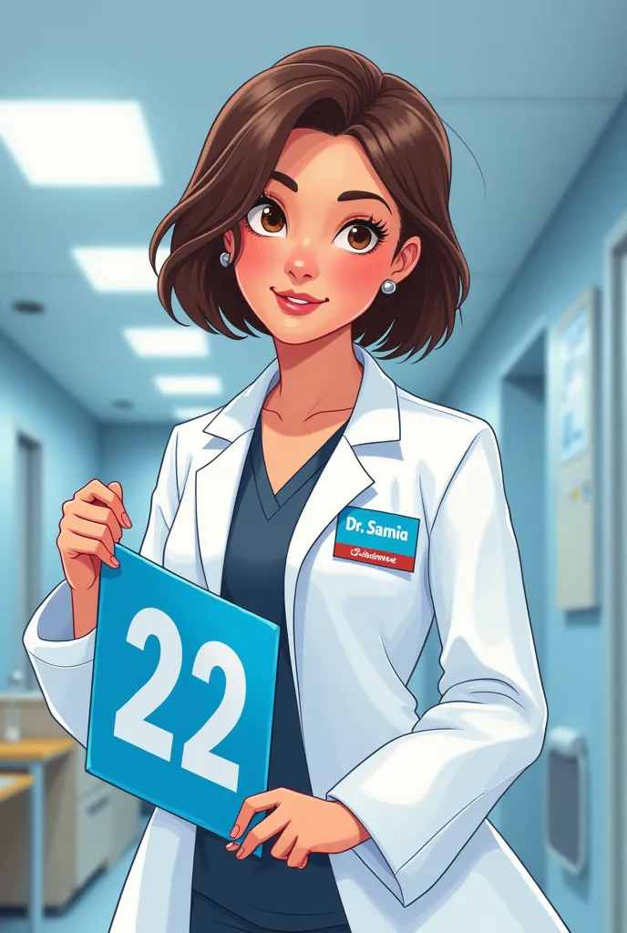 drawing in disney style a white woman wearing in short brown hair doctor's lab coat holding a blue flag written 22, badge writte...