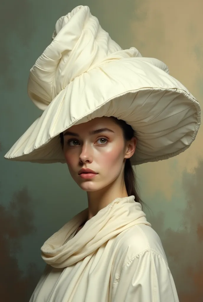 the image shows a stylized portrait of a person wearing a white hat covering their head and part of their face. the hat has a pe...