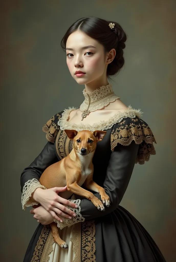 human woman with square face and head and victorian dress from the old era and a dog in the hands of the woman with square head