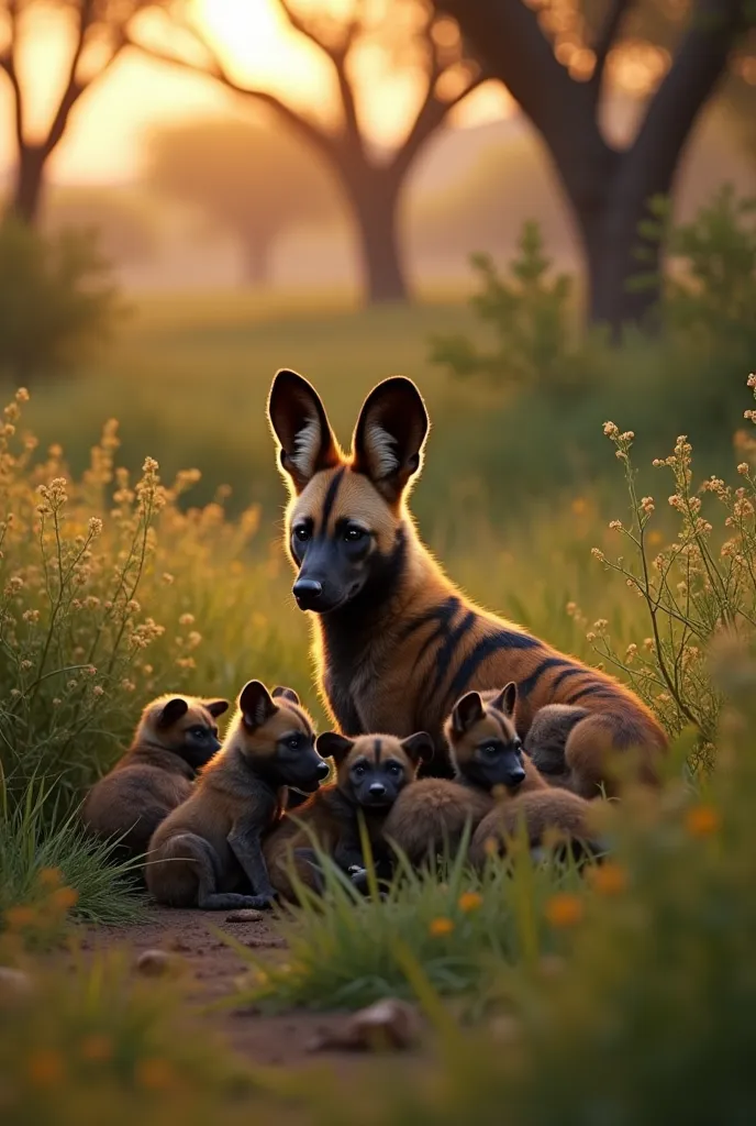 "a female mabeco with her litter of 8 pups in the bushland, caring for her young while the rest of the pack watches over them, s...