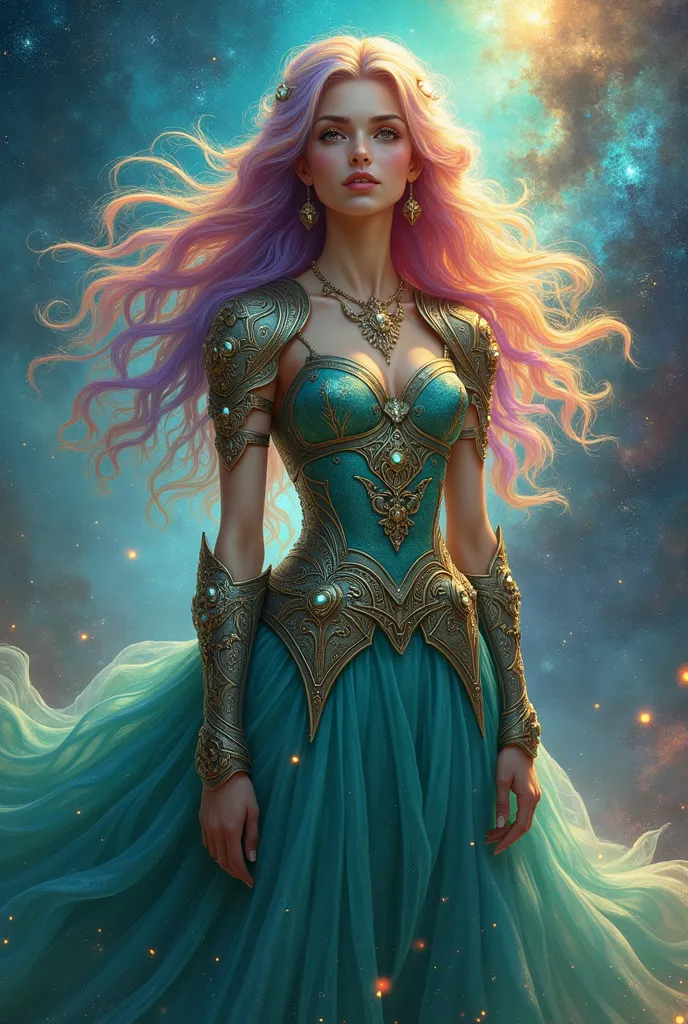 a girl with rainbow colored hair and teal dress detailed armor, standing, rainbow colored cosmic nebula background, stars, galax...