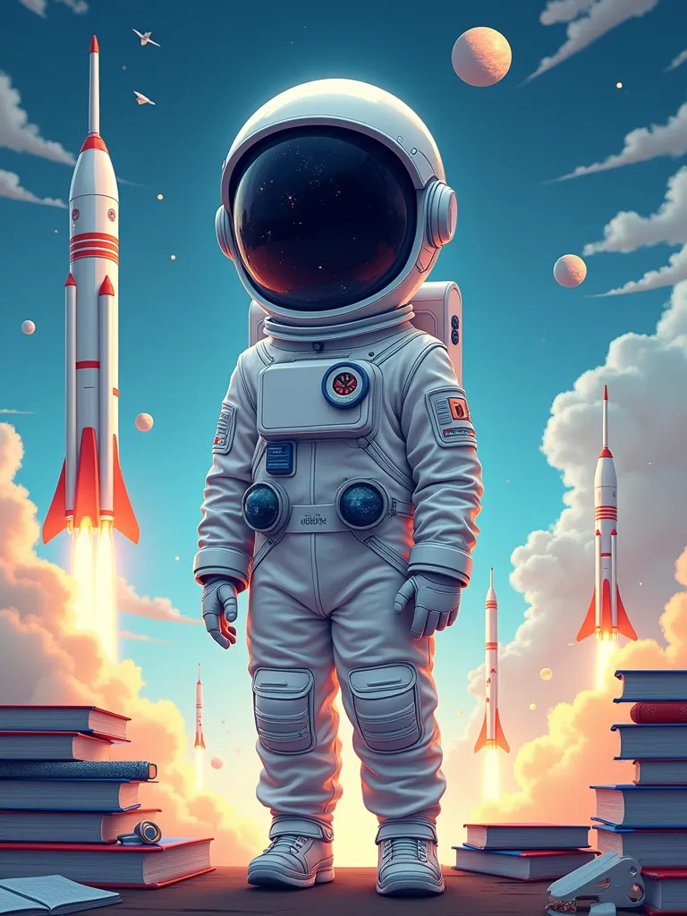 a child dressed as an astronaut, futuristic and technological digital art. there are rockets, planets, books, notebooks and penc...