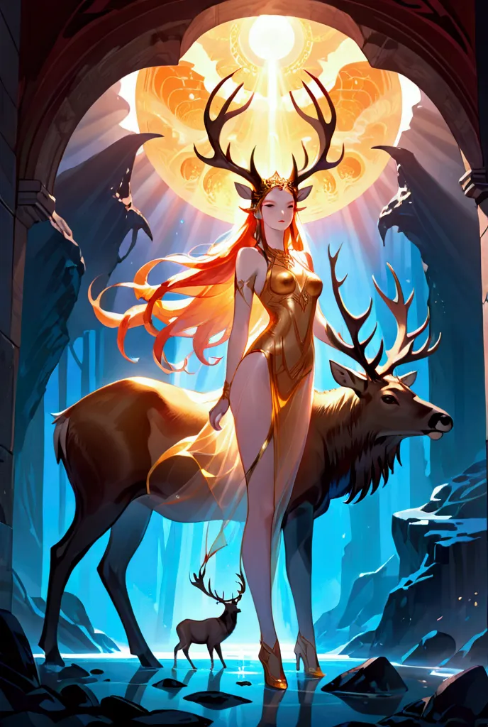 goddess of the underworld with a large elk