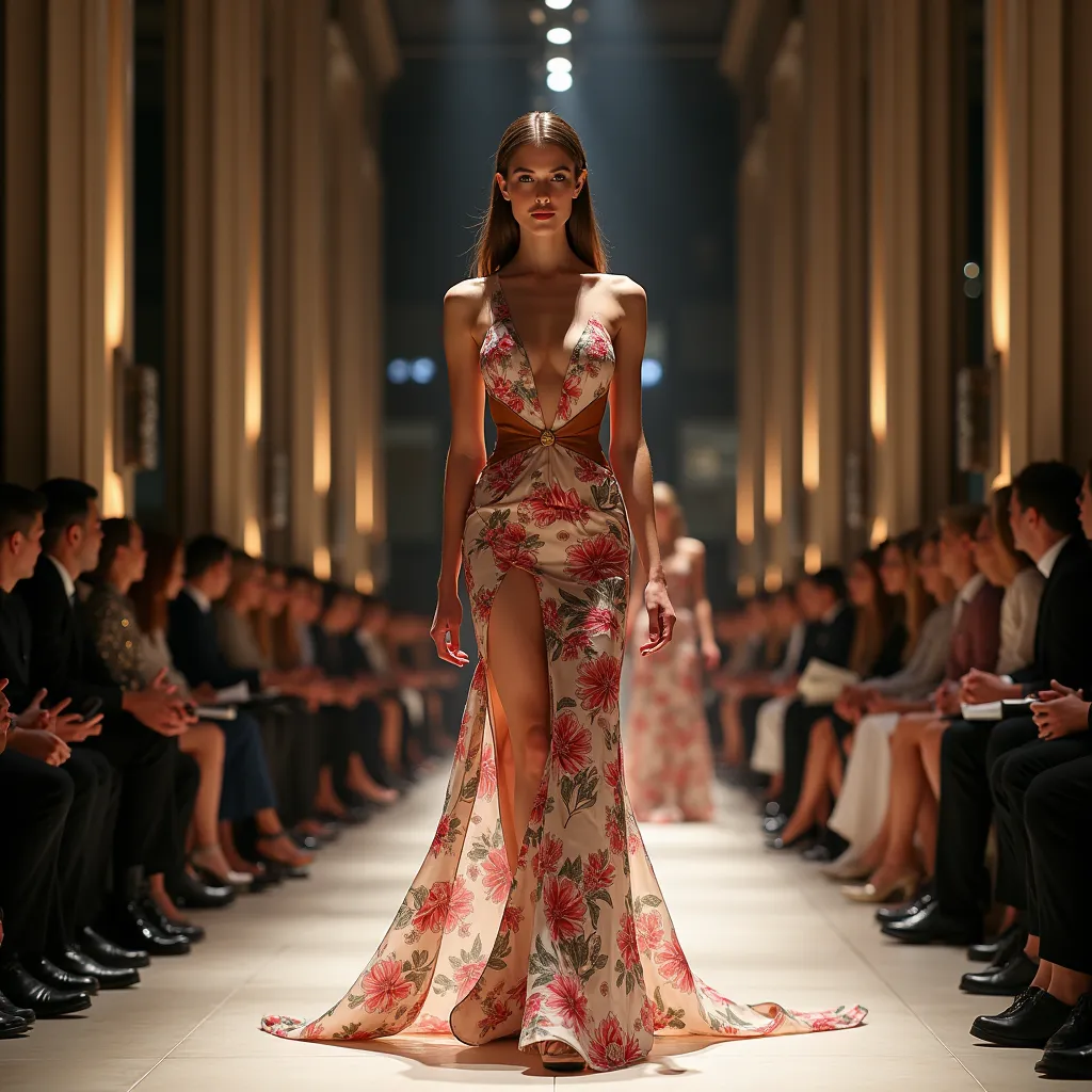 "a high-fashion runway scene with models wearing luxury garments, featuring rich fabrics and bold designs. the setting is grand ...