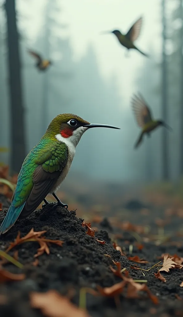 prompt 4: challenges and decision image: the hummingbird looking at the destroyed forest, with a look of concern. other birds fl...