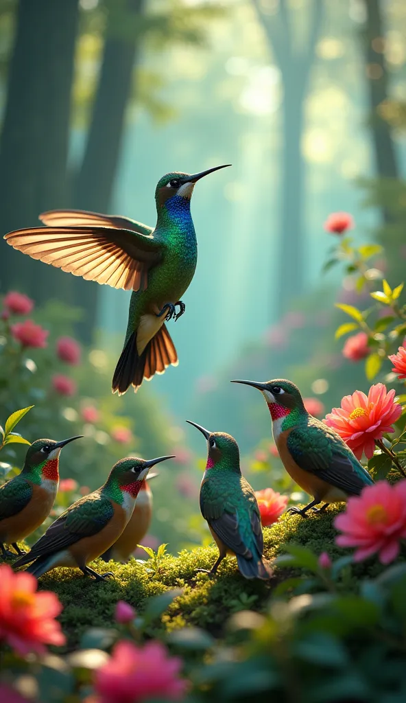 image: the hummingbird smiling and sharing its lesson with the other birds. the forest in the background must be green and full ...