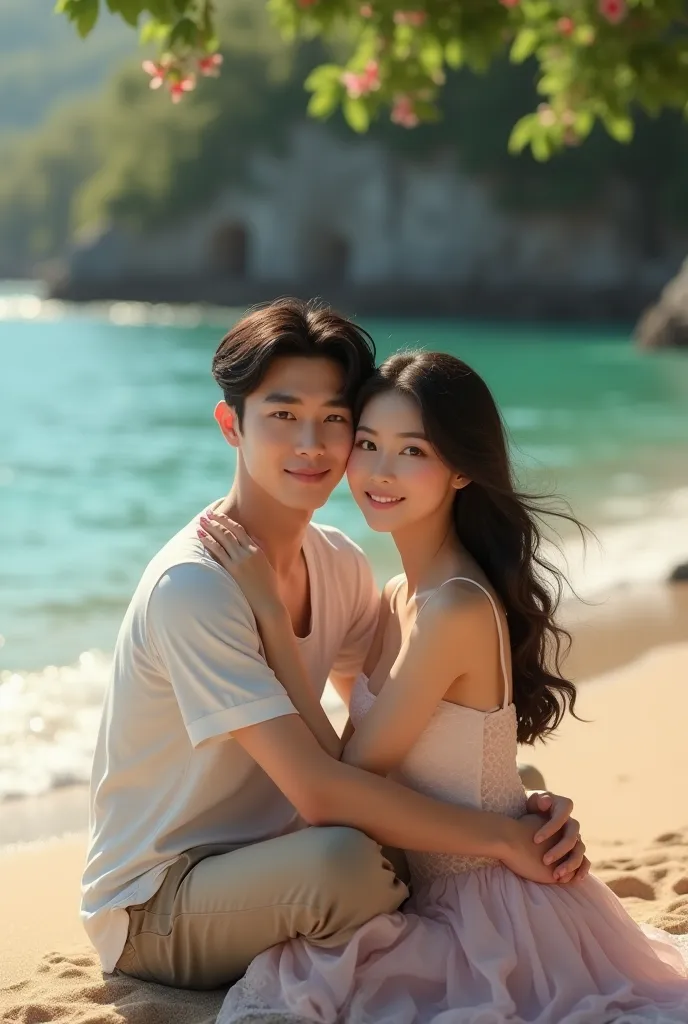 a couple of asian lovers with korean faces, with detailed images that look real, with a beautiful beach background with small wa...