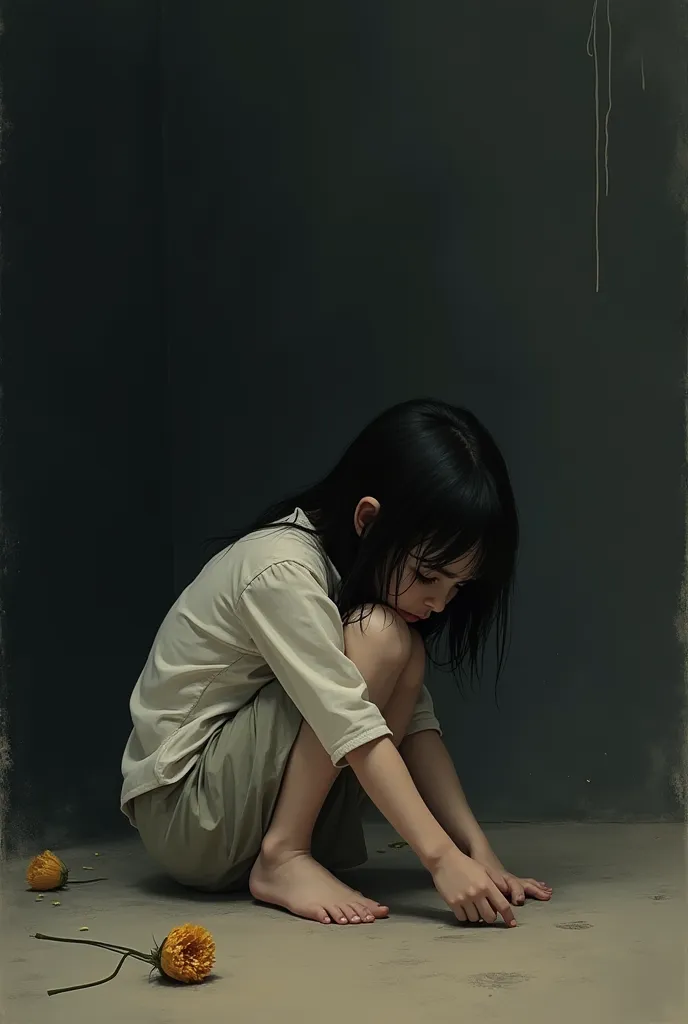 a female kid in full misery broken with loose body bending down and touching her feet . with dead flower falling on ground. make...