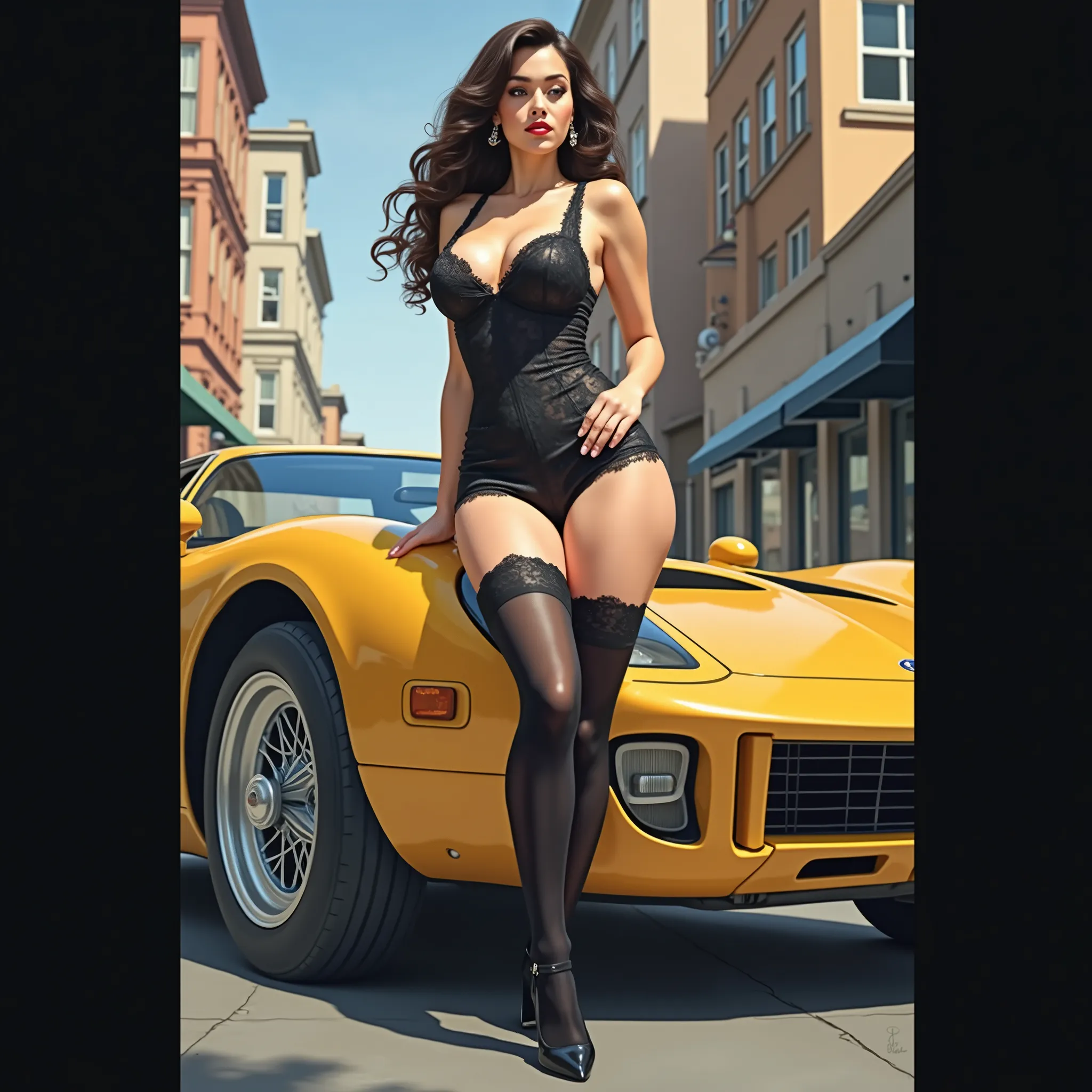 pin-up style picture like gil elvgren, girl like monica bellucci with curly bob hair, girl in black lace mini-skirt, black lace ...