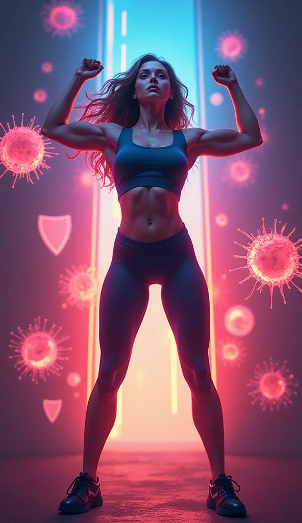 a side-by-side image of a woman flexing or looking confident, with immune system-related visuals (like shields or healthy cells)...