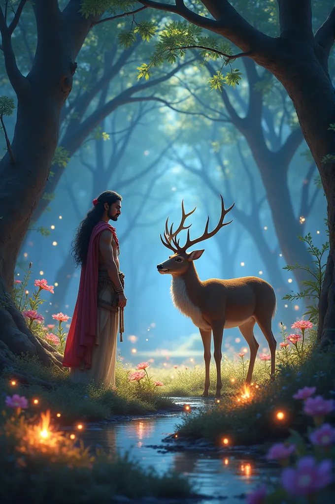 arjun meeting a talking deer: the deer has wise, gentle eyes, standing in a magical forest clearing with glowing flowers. the ai...