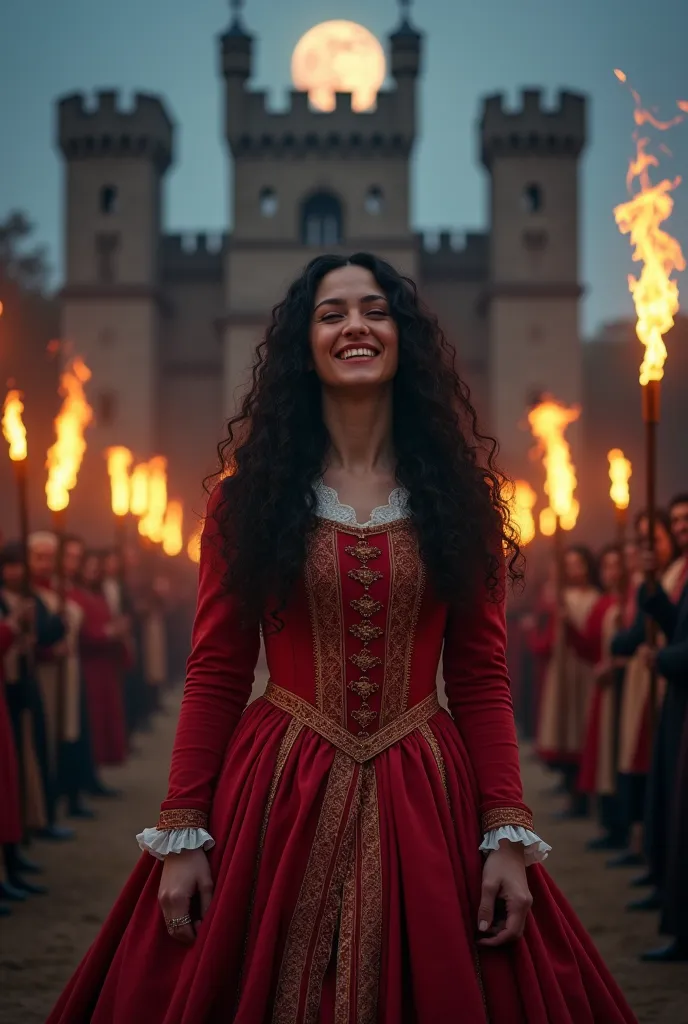 realistic image, of a white woman, long curly black hair,  laughing, dressing,red 17th century royal dress from the colonial era...