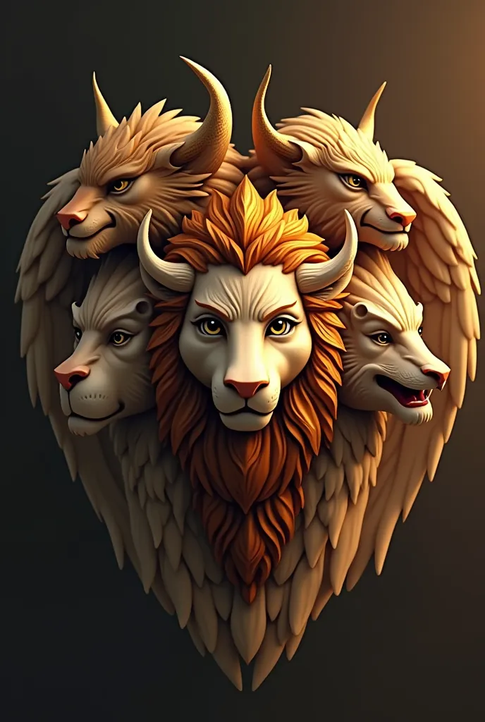 angele have a  four heads: one resembling a bull, another a human, a third a lion, and a fourth an eagle. each head should be di...