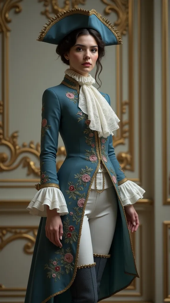 a misterious sexy woman, dressed in 1710s mens versailles mens suit. a historical rococo costume with a blue-violet frock coat -...