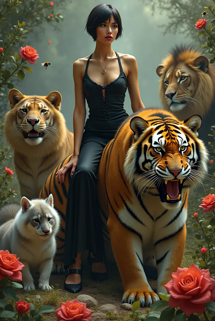 a picture of a short-haired woman in a black dress and shoes, sitting on a tiger&#39;s neck, baring her fangs, with a white and ...