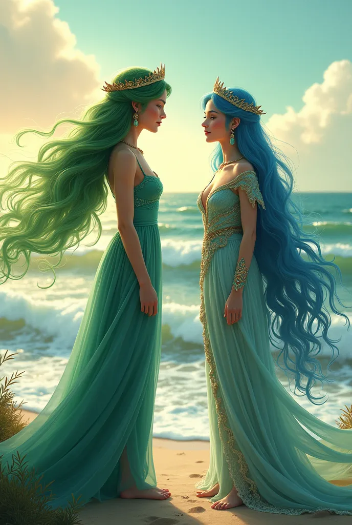 a girl with flowing green hair and a girl with long blue hair, godesses of wind and sea, talking together on ashore, ocean waves...