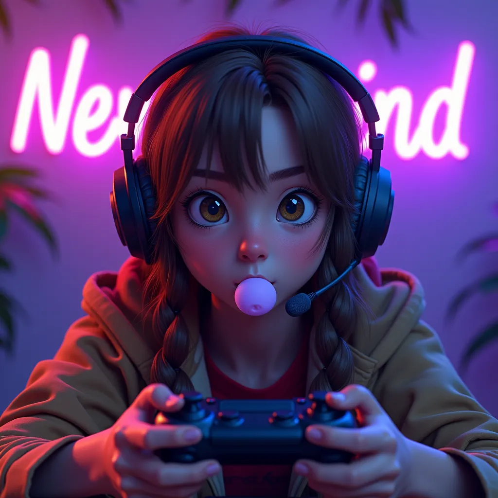 brown and braided hair gamer girl, holding a controller. wearing headphones, and blowing bubble gum. in front of a neon light si...