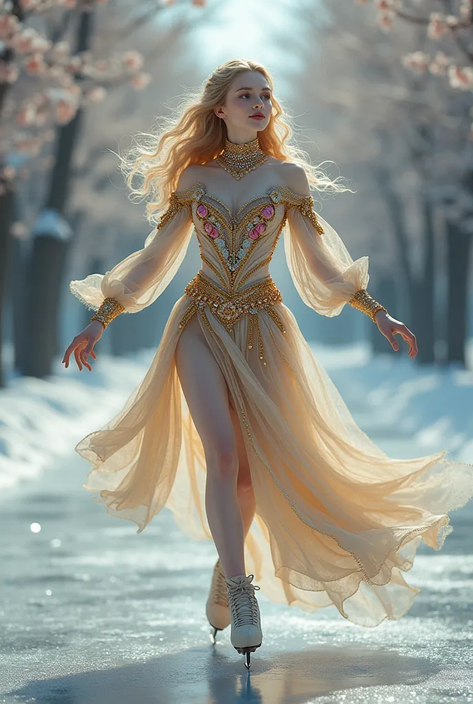 a version of dc сomics golden glider character dressed in french 17th century baroque inspired figure skating dress, decorated w...