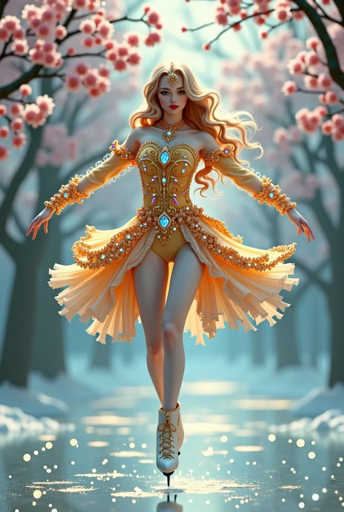 a version of dc сomics golden glider character dressed in french 17th century baroque inspired figure skating dress, richly deco...