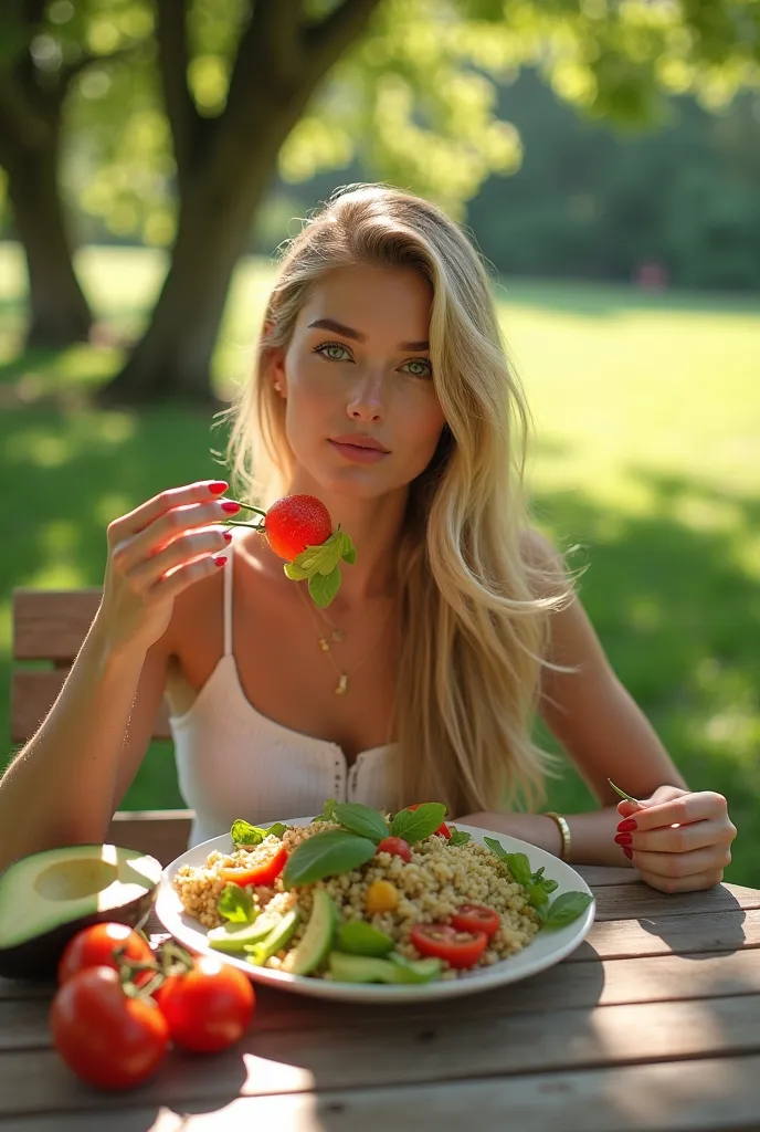 une fille blonde sexy, français et danois, yeux verts, cheveux long blond, prendre une photo réaliste, a healthy salad with avoc...