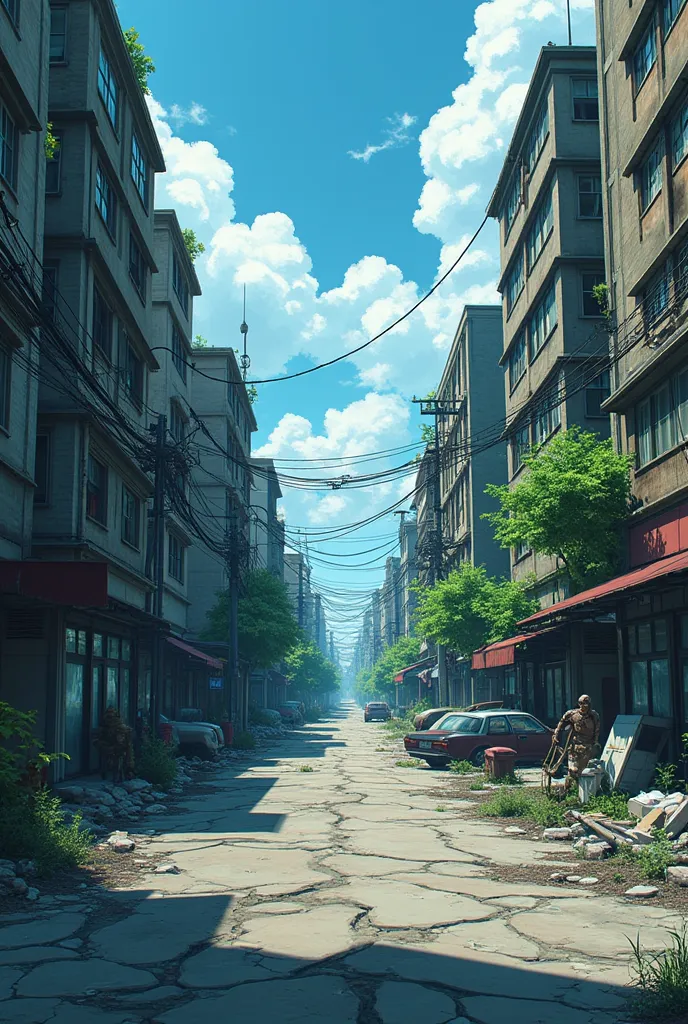 a deserted street, anime style, realistic wide shot