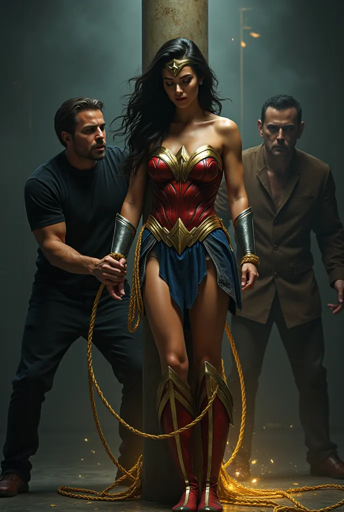 wonder woman tied onto a pole with her own laso of truth while a man is stripping her