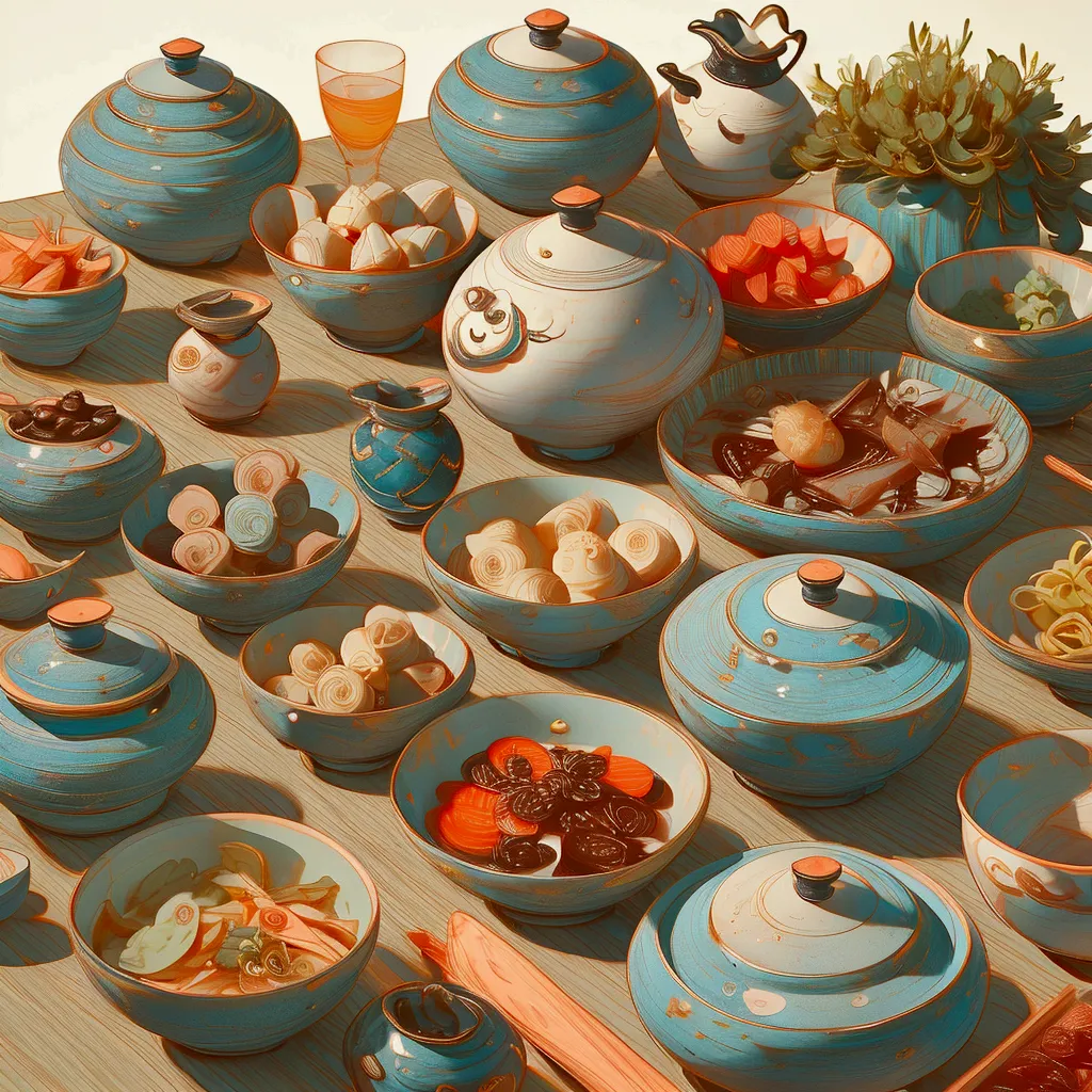 there is a table with a lot of food on it, amazing food illustration, by qu leilei, by li zai, the table is full of food, by yan...