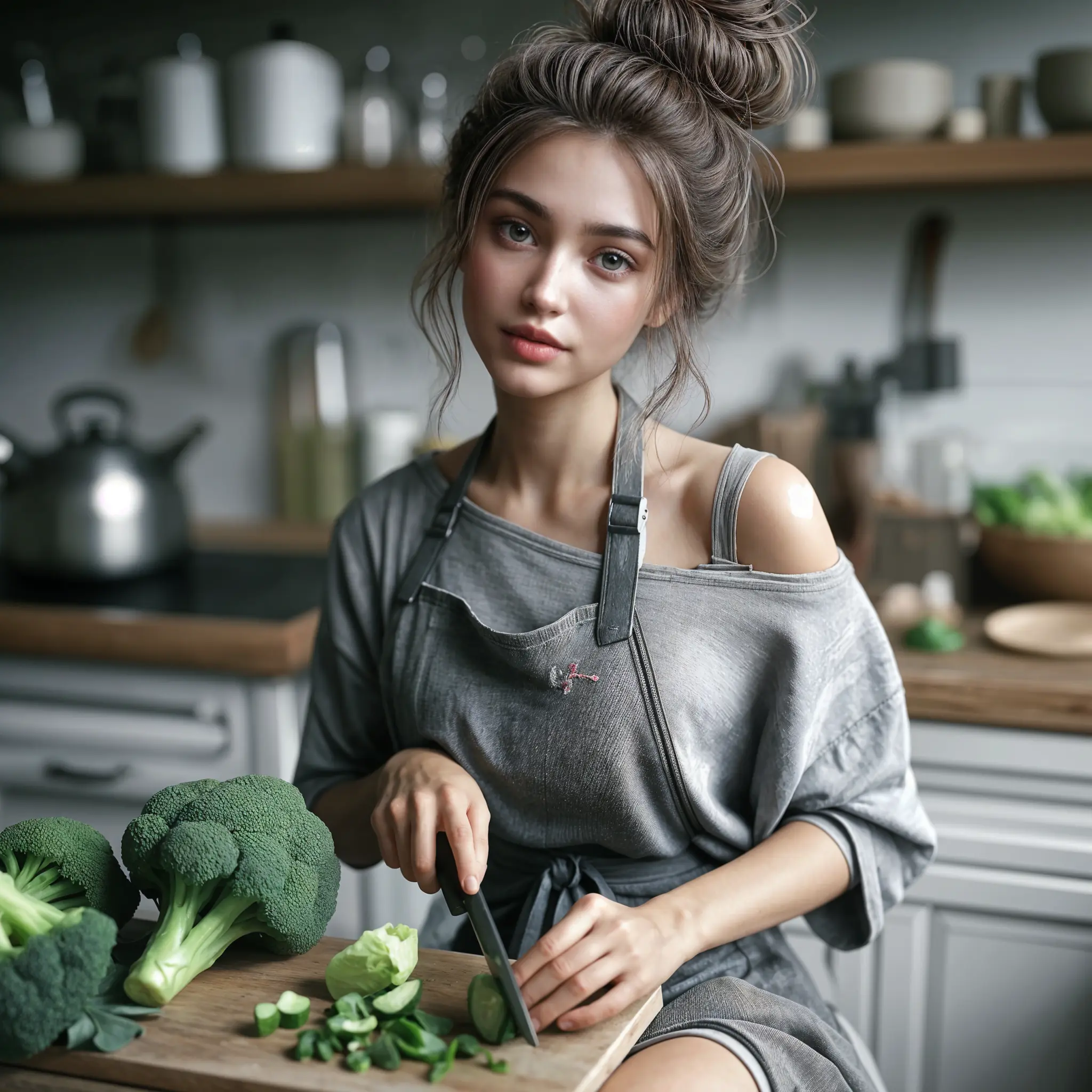 there is a woman sitting at a table cutting broccoli