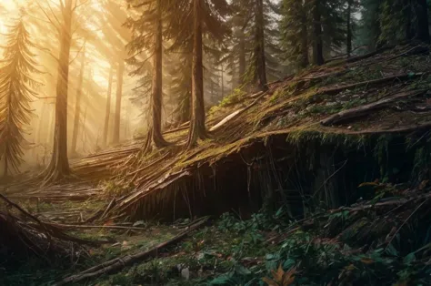 a close up of a forest with a fallen tree in the foreground