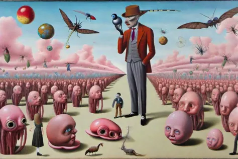 painting of a man standing in a field of pink balloons