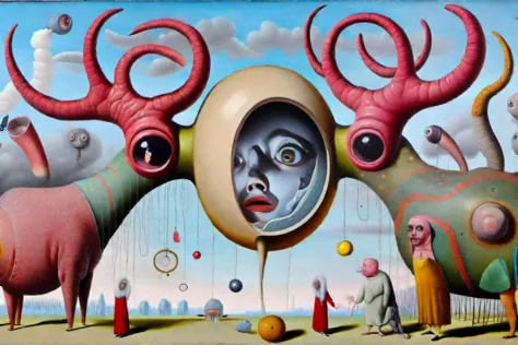 painting of a surreal scene with a man and animals in a strange looking space