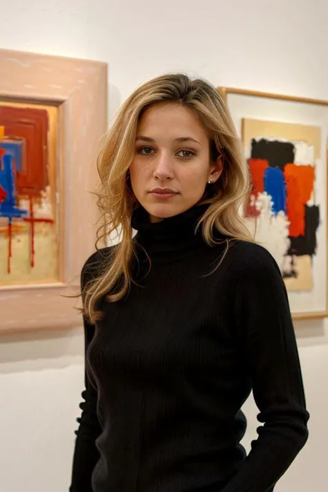 arafed woman in black sweater standing in front of paintings