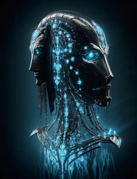 a futuristic looking robot head with glowing blue lights